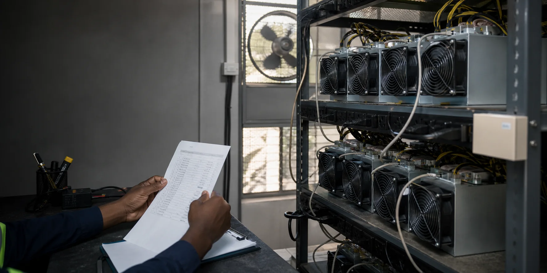 Technicien vérifiant des équipements informatiques dans une salle de serveurs